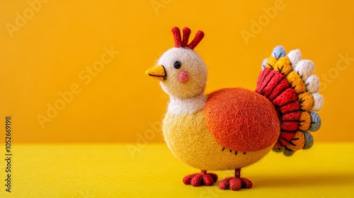 Colorful Felt Turkey Figurine Against Yellow Background photo