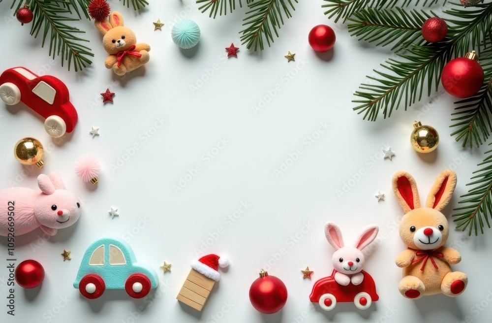New Year card with children's toys, cars and teddy bear, garlands on a white clean background with space for text, layout for a postcard for kids New Year card with children's toys, cars and teddy bear, garlands on a white clean background with space for text, layout for a postcard for kids