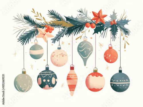 Christmas ornaments and fir tree branches. Modern illustration. White background.
