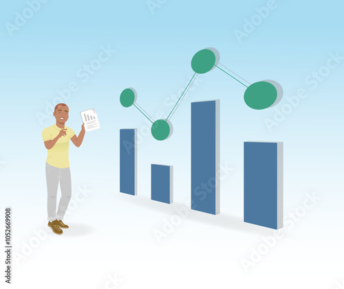 Employee showing report with graphs, mapped results, best employee, professional highlighted when completing task, vector illustration
