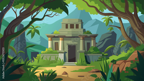 Ancient temple hidden in lush jungle with surrounding mountains during daylight hours