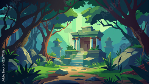 Ancient temple hidden in a lush forest, illuminated by sunlight filtering through trees, showcasing nature's beauty and tranquility
