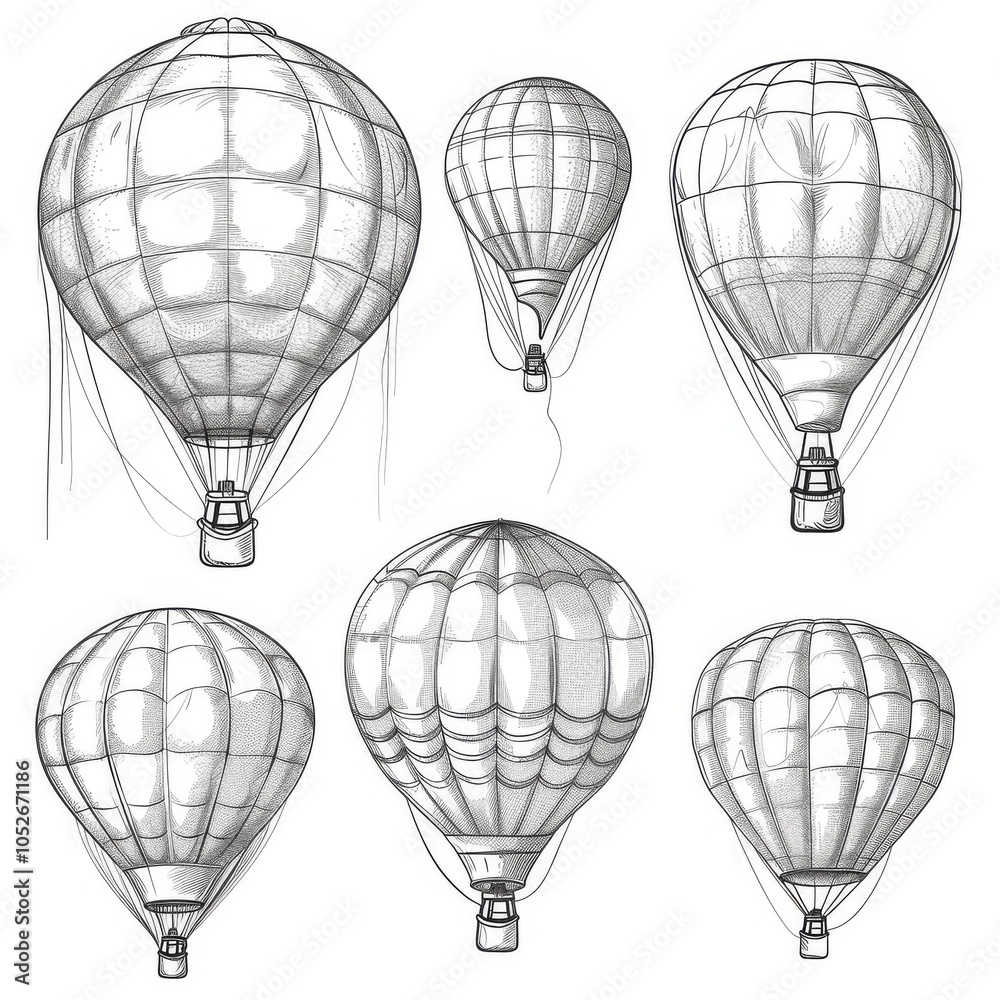 Obraz premium Hot air balloon set, contour drawings for design