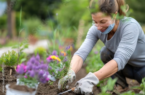 Gardener Planting Purple Flowers