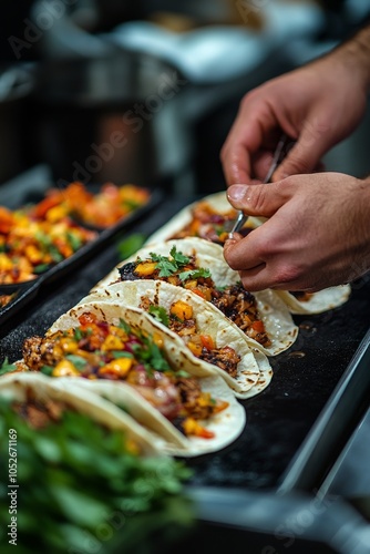 Chef preparing a colorful platter of tacos in a vibrant kitchen at dusk