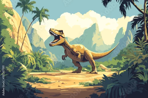 Fototapeta samoprzylepna Jurassic era park background. Prehistoric backdrop with angry dinosaur extinct reptile. Trex tyrannosaurus roaring. Predator beast. Palms mountains. Cartoon style vector illustration