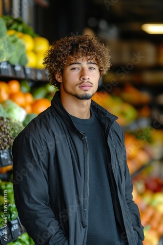 Young man with curly hair shopping for fresh produce in a grocery store aisle