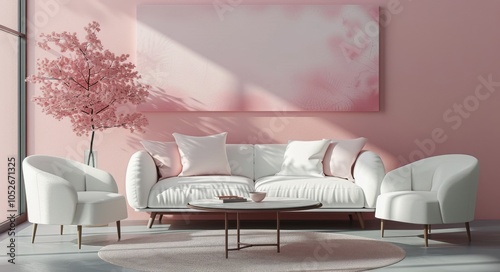Modern Living Room Interior Design With Pink Walls and White Furniture