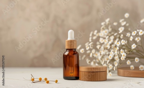Brown Glass Dropper Bottle and Wooden Cream Jar With White Flowers