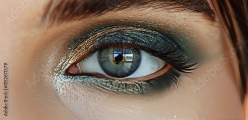 Close Up of a Womans Eye With Green Eyeshadow and Long Eyelashes