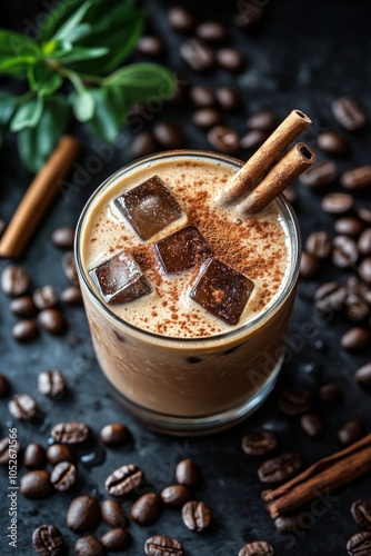 Iced coffee with cinnamon and cocoa on a dark surface surrounded by coffee beans