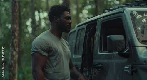 Man in Forest Near SUV at Dusk 