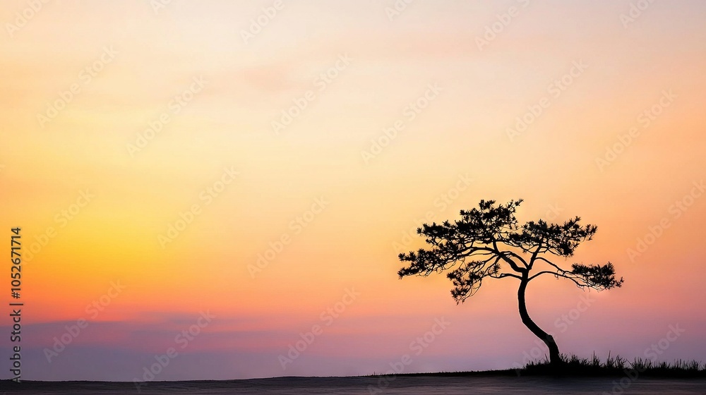 A solitary tree perched atop a tiny island amidst the vast ocean, basking in the fading hues of sunset A solitary tree perched atop a tiny island amidst the vast ocean, basking in the fading hues of sunset