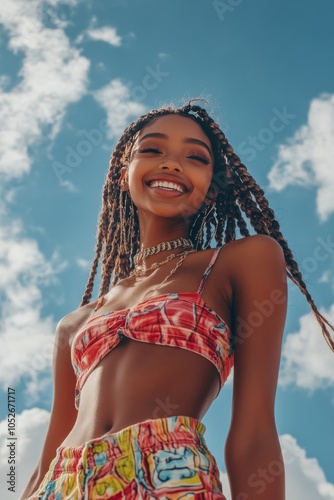 Smiling woman in floral blouse under a blue sky with clouds during daylight