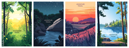 Landscape posters set. Morning sunrise. Evening sunset. Lake in the forest. Midnight scene with rocks. Beauty of nature adventure. Nature travelling concept template backgrounds. Cartoon style vector