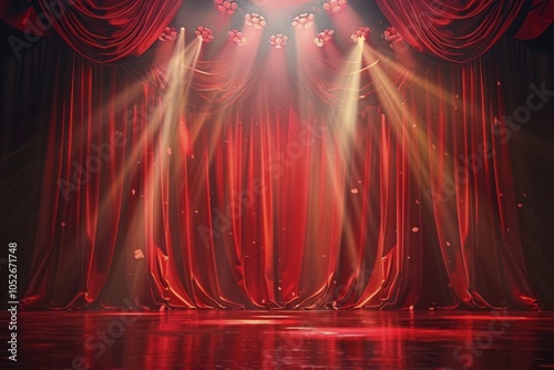 Red Stage Curtains With Spotlights and Falling Petals