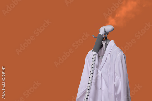 Steam Iron with Clothing on a Bright Orange Background, Showcasing WrinkleFree Apparel Status photo