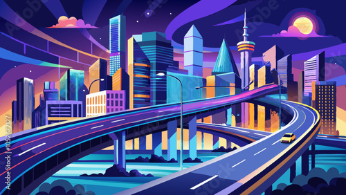 Photography Asphalt highway road and bridge with modern city buildings at night in Chongqing