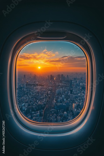 Aerial view of city at sunset from airplane window during evening flight