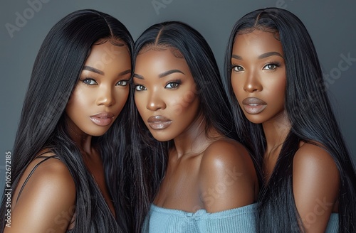 Three Black Women With Long, Straight, Black Hair Pose Together