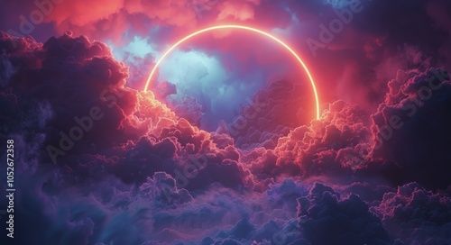 Bright Orange Neon Circle in Dark Clouds During Sunset