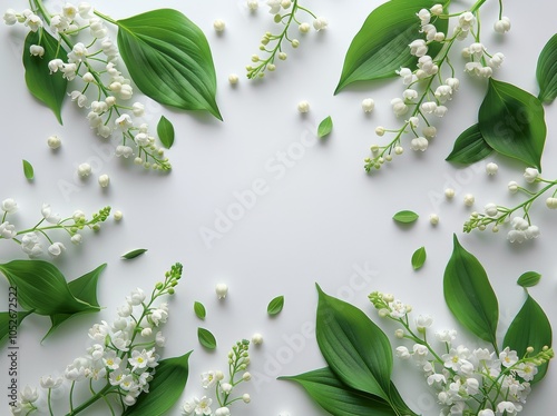 Fresh Lily Of The Valley Flowers And Green Leaves On White Background