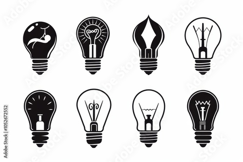 Graffiti light bulbs, black lamp icon silhouettes set, lightbulbs isolated, minimal black and white bulbs