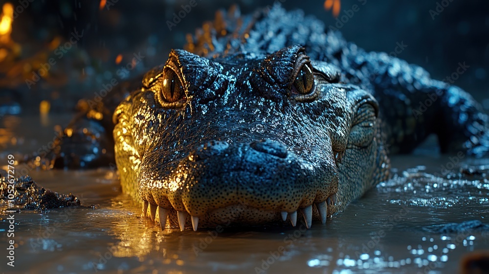 Fototapeta premium Close-up of a Crocodile's Face with Sharp Teeth Emerging from Water