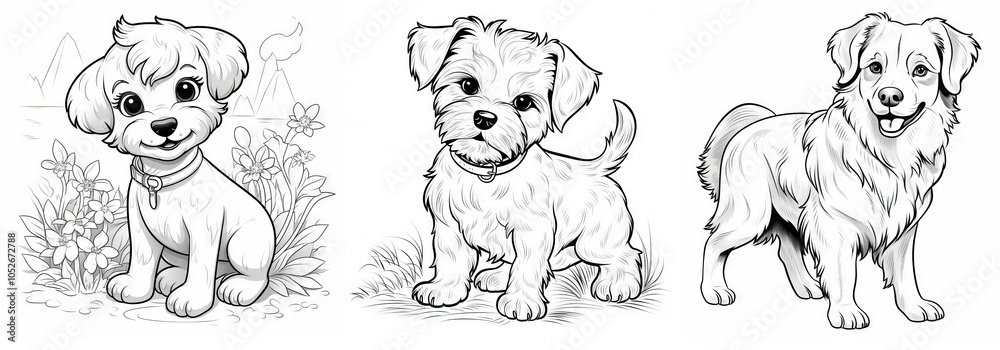 Obraz premium Black and white illustration for coloring a puppy in a linear style with soft contours and cute facial expressions, detailed execution.