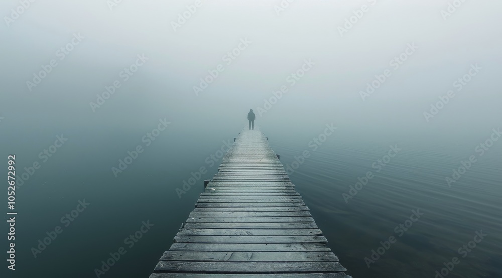 Solitary Figure Walking on a Foggy Wooden Dock Solitary Figure Walking on a Foggy Wooden Dock