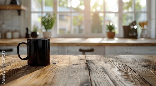 Brown Ceramic Mug On Rustic Wooden Countertop In Kitchen With Greenery And Wi...