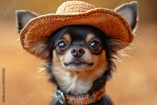 Chihuahua Dog Wearing a Sombrero, Isolated on an Orange Background, Studio Shot with Bright and Playful Design

 photo