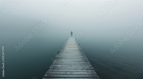 Solitary Figure Walking on a Foggy Wooden Dock