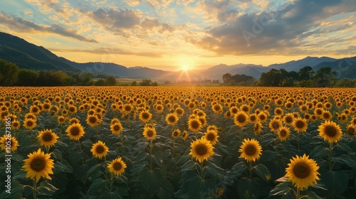 Sunflowers blooming at sunset in a vibrant field during summer