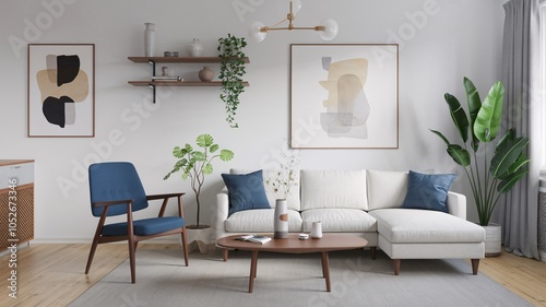 Wallpaper Mural A modern living room with a white couch, blue armchair, coffee table, and plants. Torontodigital.ca