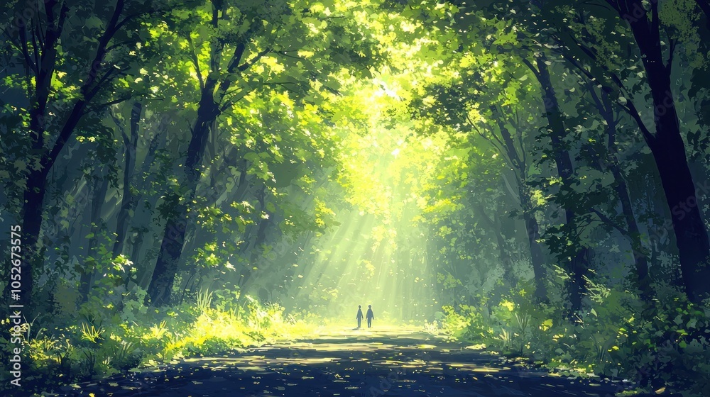 Fototapeta premium Couple Walking in a Magical Forest Path with Sunbeams