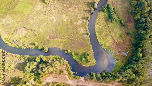 Steep bends and loops of the Merkys river, from above, Lithuania. photo