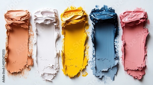 Bright palette of oil paints with texture swabs paint on white background