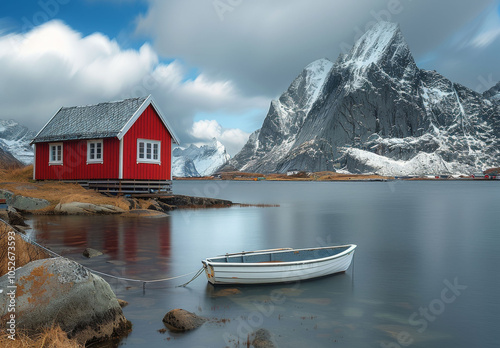 Red Cabin and Boat in Lofoten, Norway