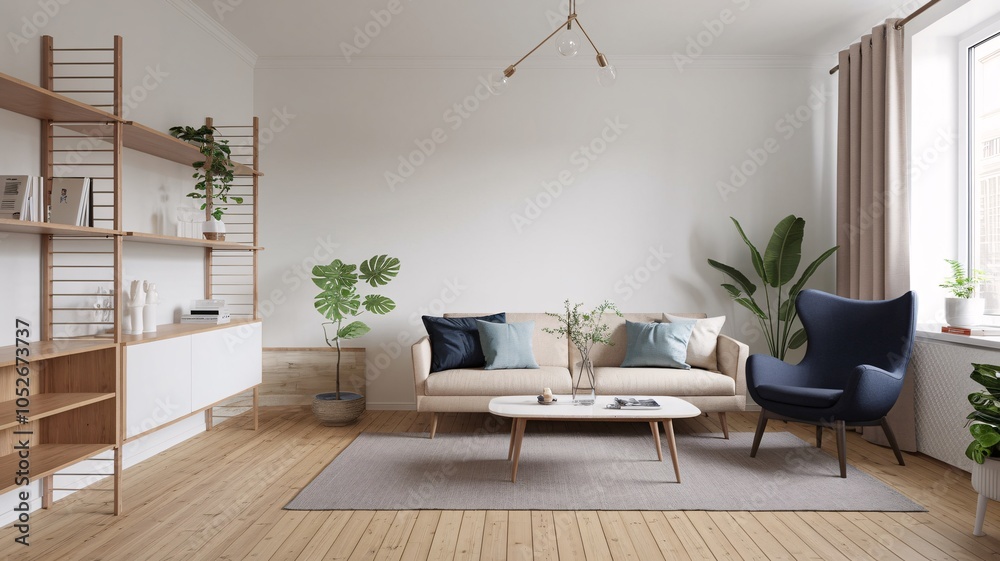 Modern living room with a light beige sofa, blue armchair, wooden shelves, and a large rug. Modern living room with a light beige sofa, blue armchair, wooden shelves, and a large rug.