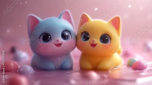 Two Adorable Cartoon Cats in a Pink Liquid with Colorful Spheres