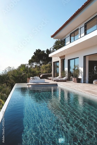Modern villa with a shimmering pool under a clear sky in a serene outdoor set...