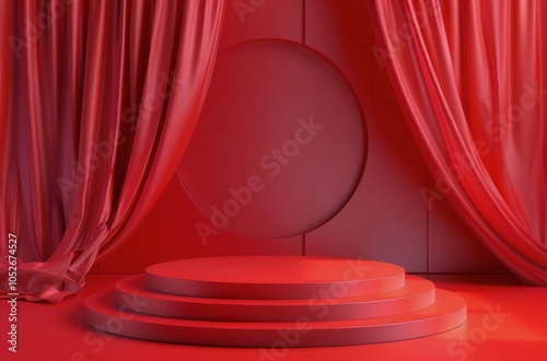 Red Stage With Circular Platform and Draped Curtains