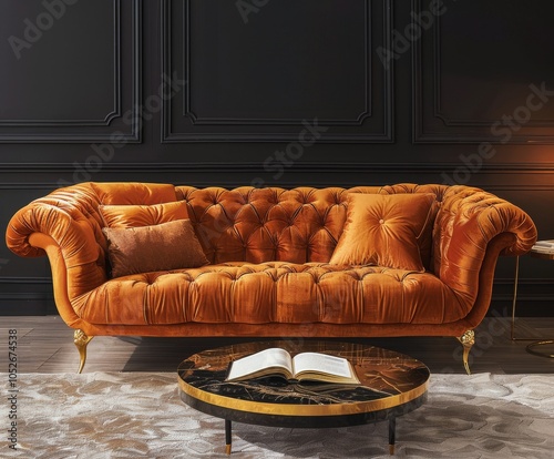 Modern Brown Velvet Sofa in a Luxury Living Room With Gold Accents