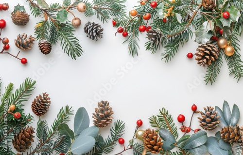 Festive Pine and Berry Holiday Border With Pine Cones