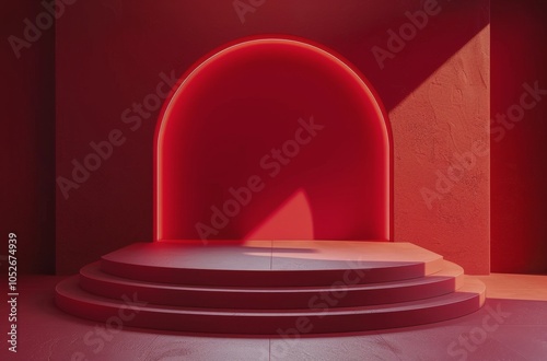Red Stage With Circular Platform and Draped Curtains