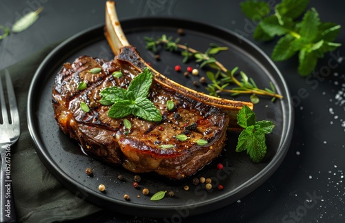 Grilled Bone-In Steak With Herbs on Black Plate