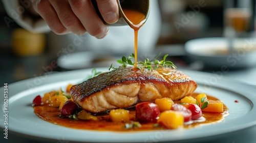 Chef drizzling sauce over a beautifully plated fish dish in a fine dining res...