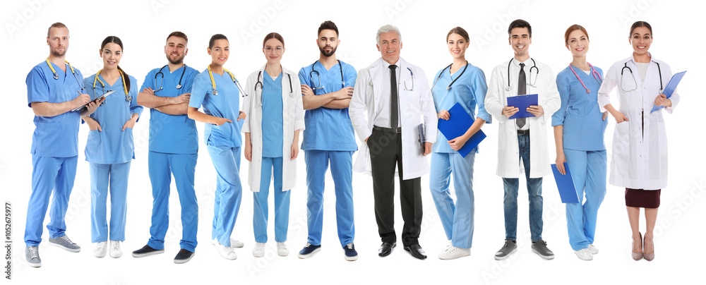 Fototapeta premium Different healthcare workers in uniforms on white background