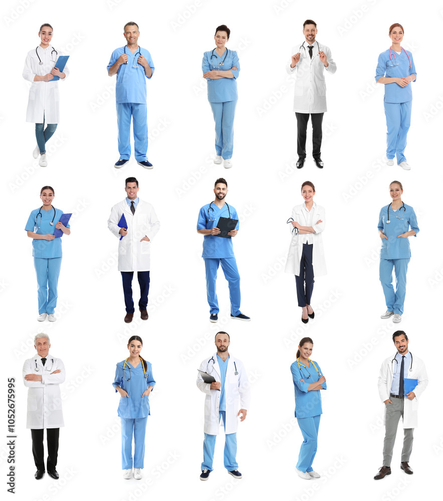 Obraz premium Different healthcare workers on white background, collage of photos